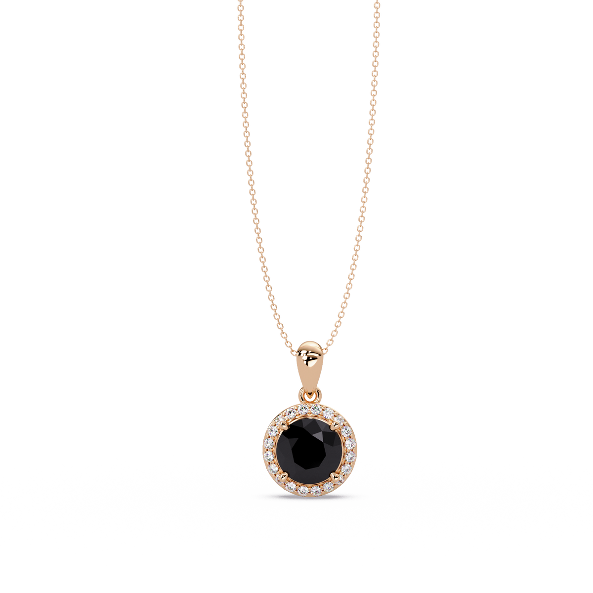 1.6 CTW Round Halo Colorstone Pendant Necklace — Onyx Black — 14K Rose Gold