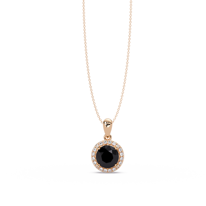 1.6 CTW Round Halo Colorstone Pendant Necklace — Onyx Black — 14K Rose Gold