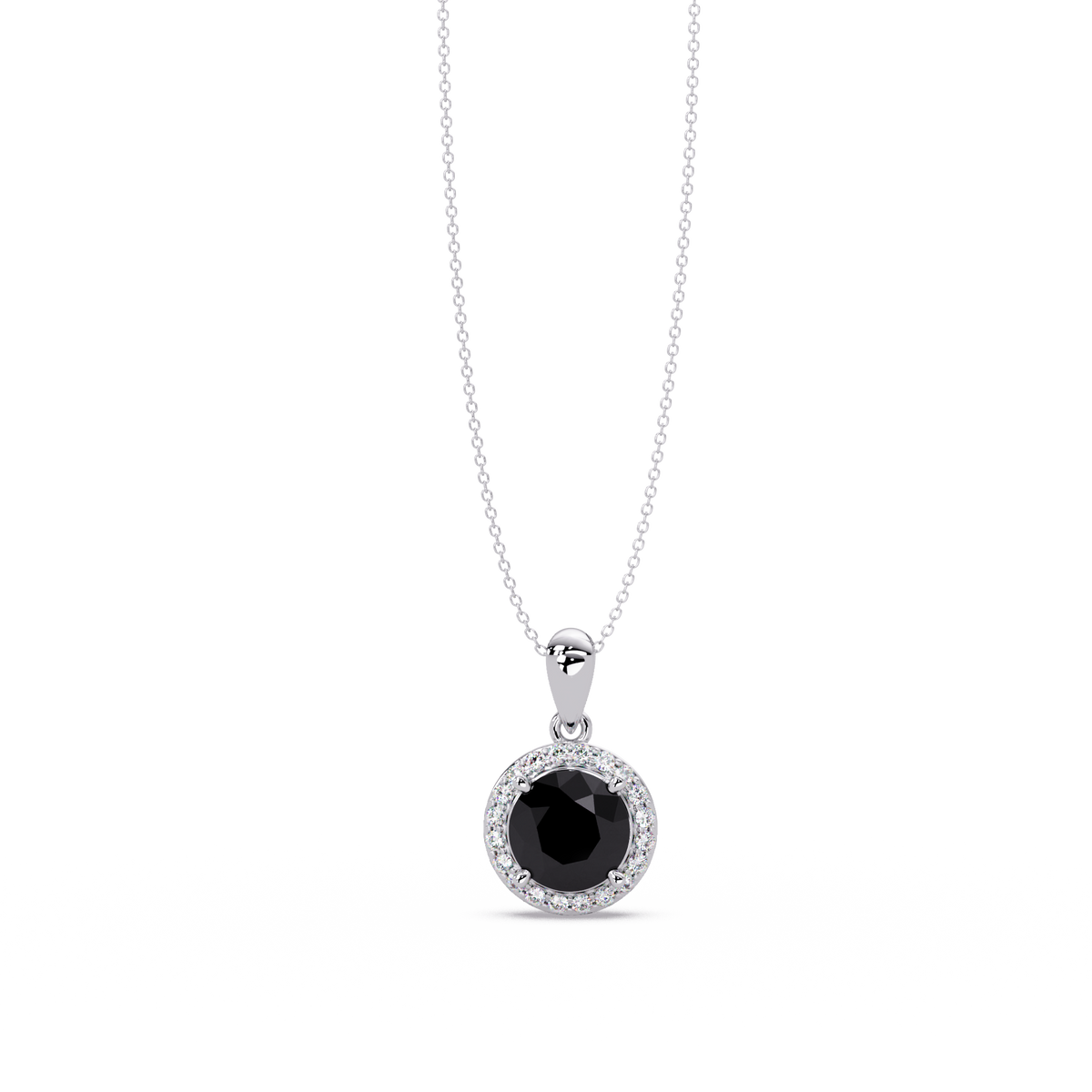 1.6 CTW Round Halo Colorstone Pendant Necklace — Onyx Black — 14K White Gold