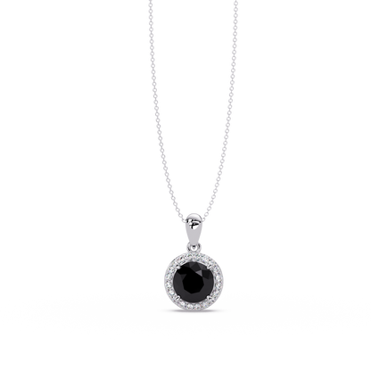 1.6 CTW Round Halo Colorstone Pendant Necklace — Onyx Black — 14K White Gold