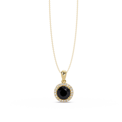 1.6 CTW Round Halo Colorstone Pendant Necklace — Onyx Black — 14K Yellow Gold