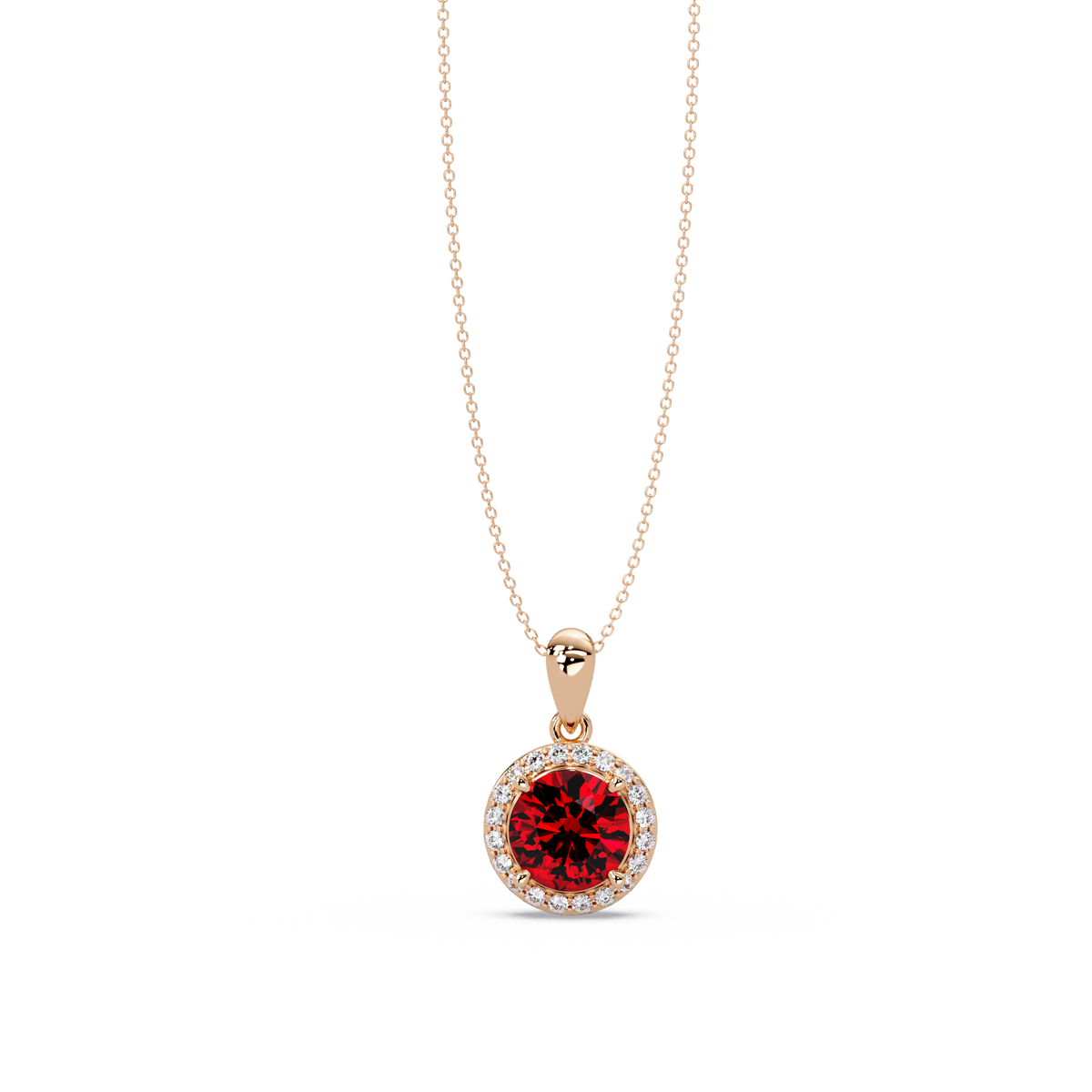 1.6 CTW Round Halo Colorstone Pendant Necklace — Ruby Deep Red — 14K Rose Gold