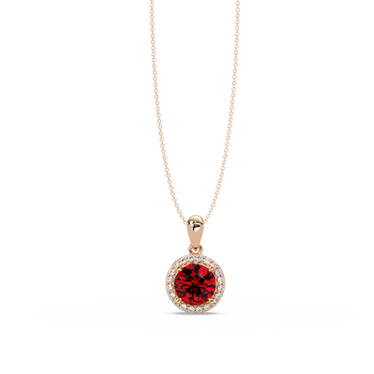 1.6 CTW Round Halo Colorstone Pendant Necklace — Ruby Deep Red — 14K Rose Gold