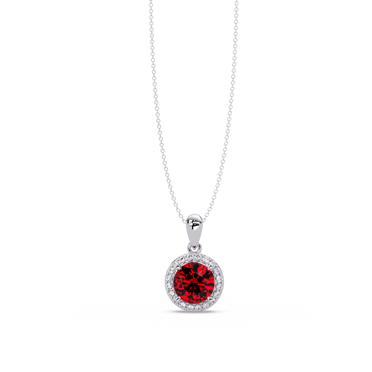 1.6 CTW Round Halo Colorstone Pendant Necklace — Ruby Deep Red — 14K White Gold
