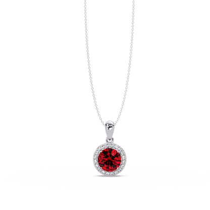 1.6 CTW Round Halo Colorstone Pendant Necklace — Ruby Deep Red — 14K White Gold