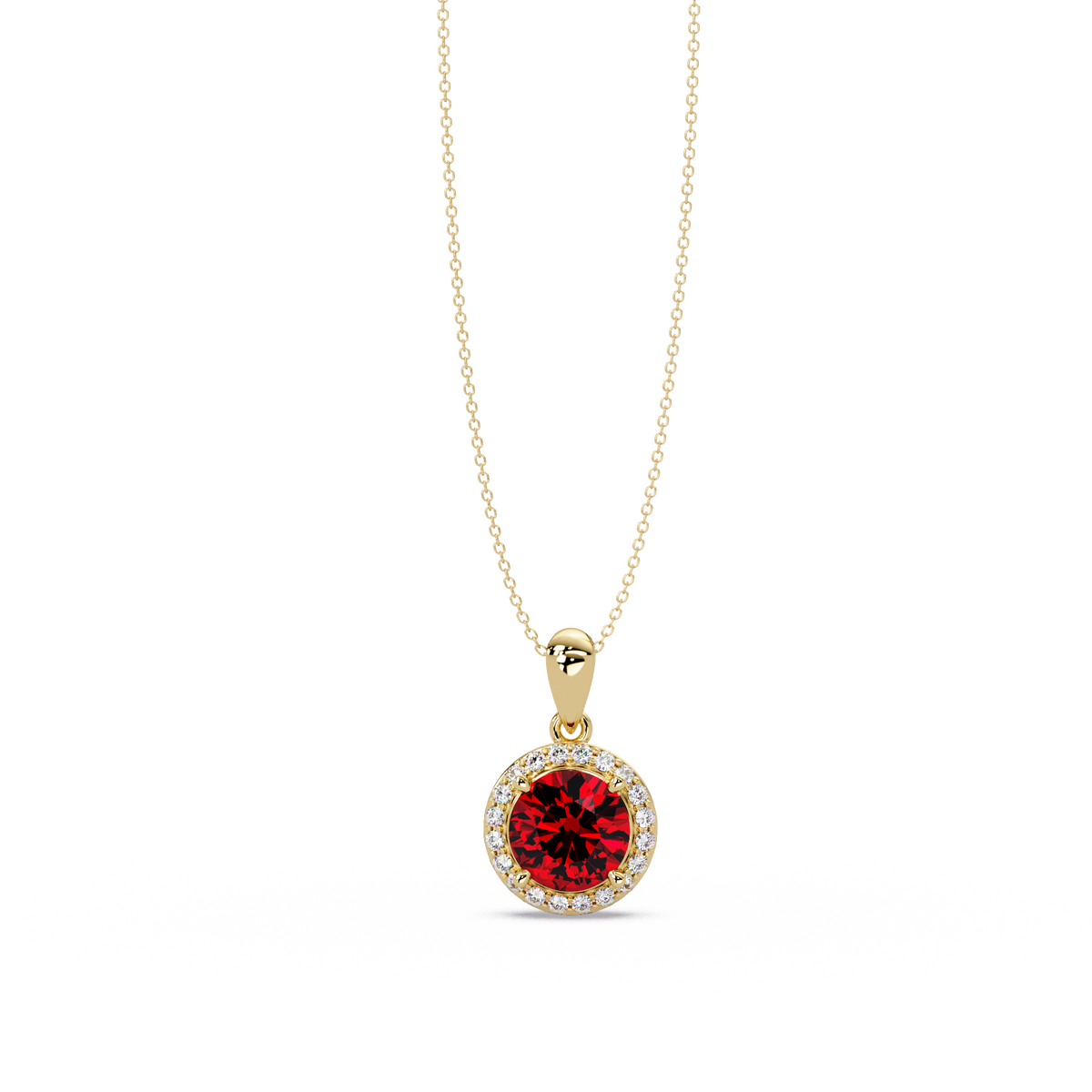1.6 CTW Round Halo Colorstone Pendant Necklace — Ruby Deep Red — 14K Yellow Gold