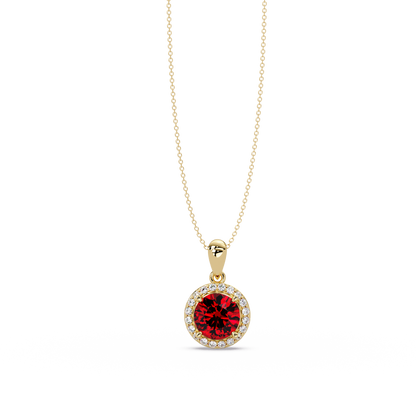 1.6 CTW Round Halo Colorstone Pendant Necklace — Ruby Deep Red — 14K Yellow Gold