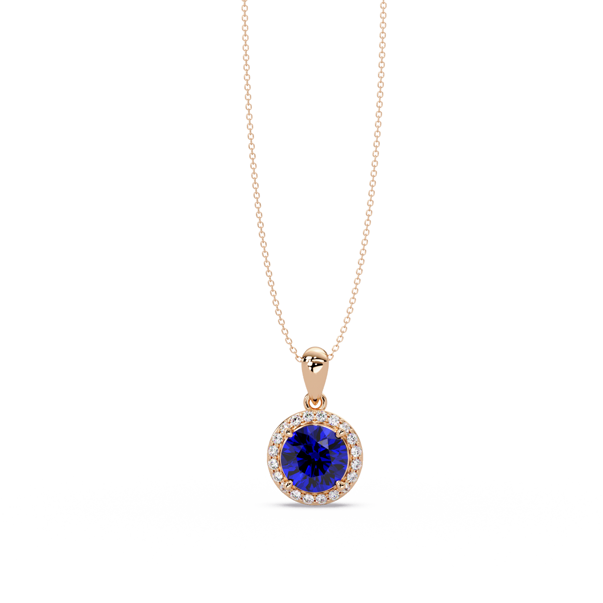 1.6 CTW Round Halo Colorstone Pendant Necklace — Sapphire Royal Blue — 14K Rose Gold