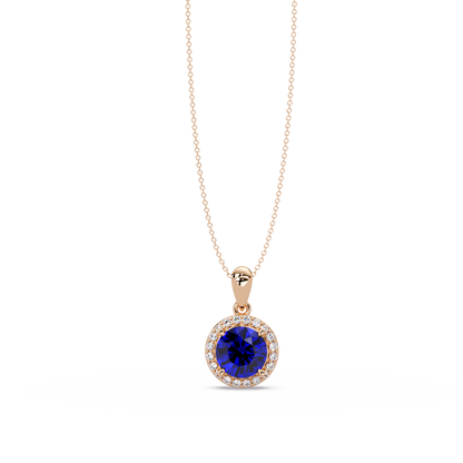 1.6 CTW Round Halo Colorstone Pendant Necklace — Sapphire Royal Blue — 14K Rose Gold