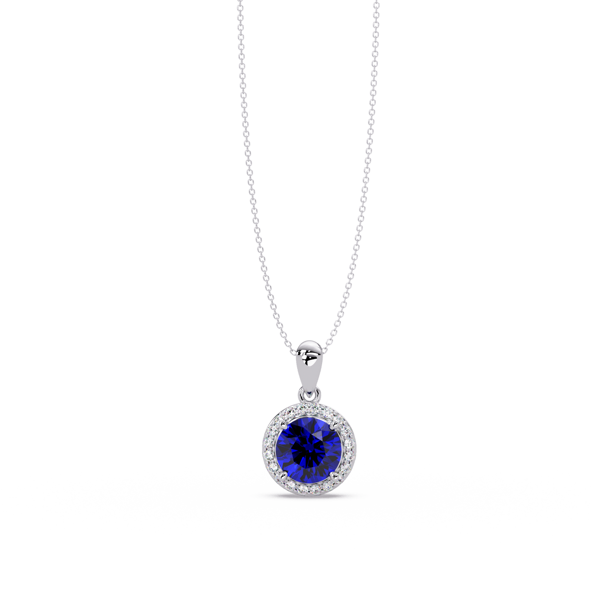 1.6 CTW Round Halo Colorstone Pendant Necklace — Sapphire Royal Blue — 14K White Gold