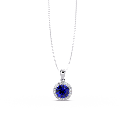 1.6 CTW Round Halo Colorstone Pendant Necklace — Sapphire Royal Blue — 14K White Gold