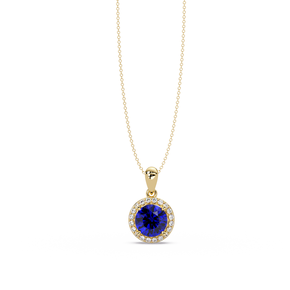 1.6 CTW Round Halo Colorstone Pendant Necklace — Sapphire Royal Blue — 14K Yellow Gold