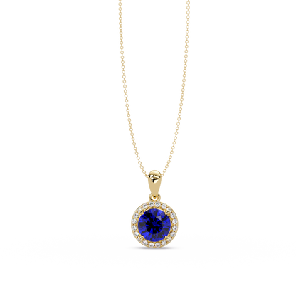 1.6 CTW Round Halo Colorstone Pendant Necklace — Sapphire Royal Blue — 14K Yellow Gold