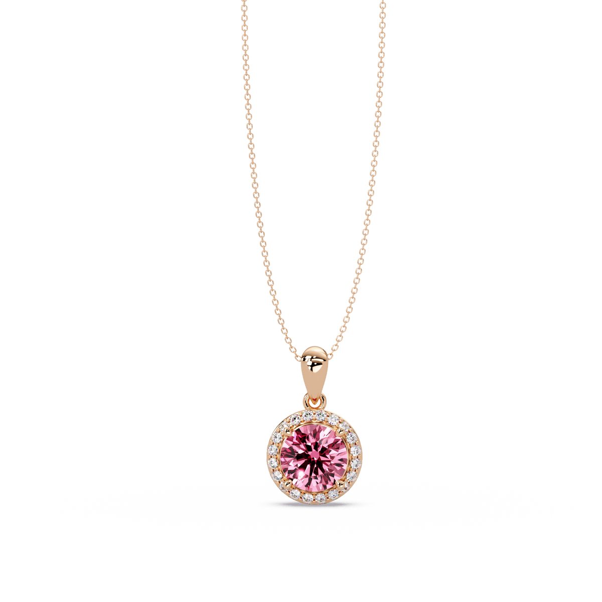 1.6 CTW Round Halo Colorstone Pendant Necklace — Tourmaline Rose Pink — 14K Rose Gold