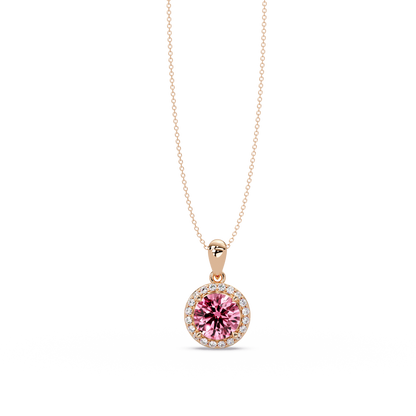 1.6 CTW Round Halo Colorstone Pendant Necklace — Tourmaline Rose Pink — 14K Rose Gold