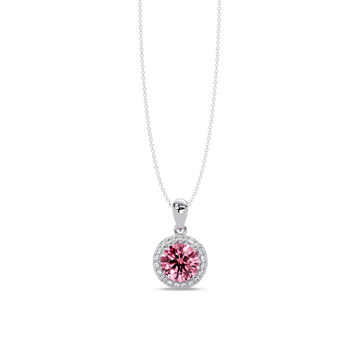 1.6 CTW Round Halo Colorstone Pendant Necklace — Tourmaline Rose Pink — 14K White Gold
