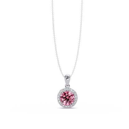 1.6 CTW Round Halo Colorstone Pendant Necklace — Tourmaline Rose Pink — 14K White Gold