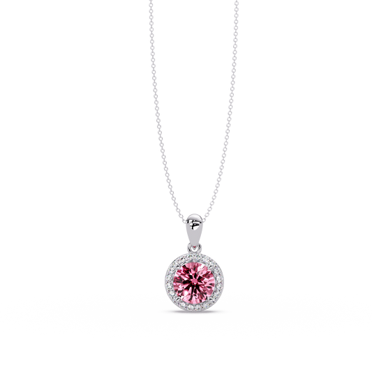 1.6 CTW Round Halo Colorstone Pendant Necklace — Tourmaline Rose Pink — 14K White Gold