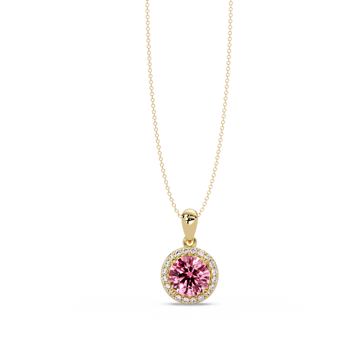 1.6 CTW Round Halo Colorstone Pendant Necklace — Tourmaline Rose Pink — 14K Yellow Gold