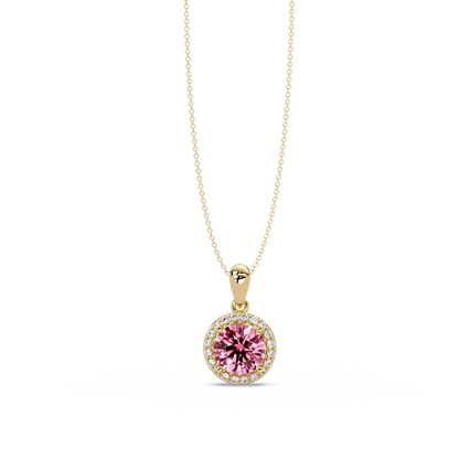 1.6 CTW Round Halo Colorstone Pendant Necklace — Tourmaline Rose Pink — 14K Yellow Gold
