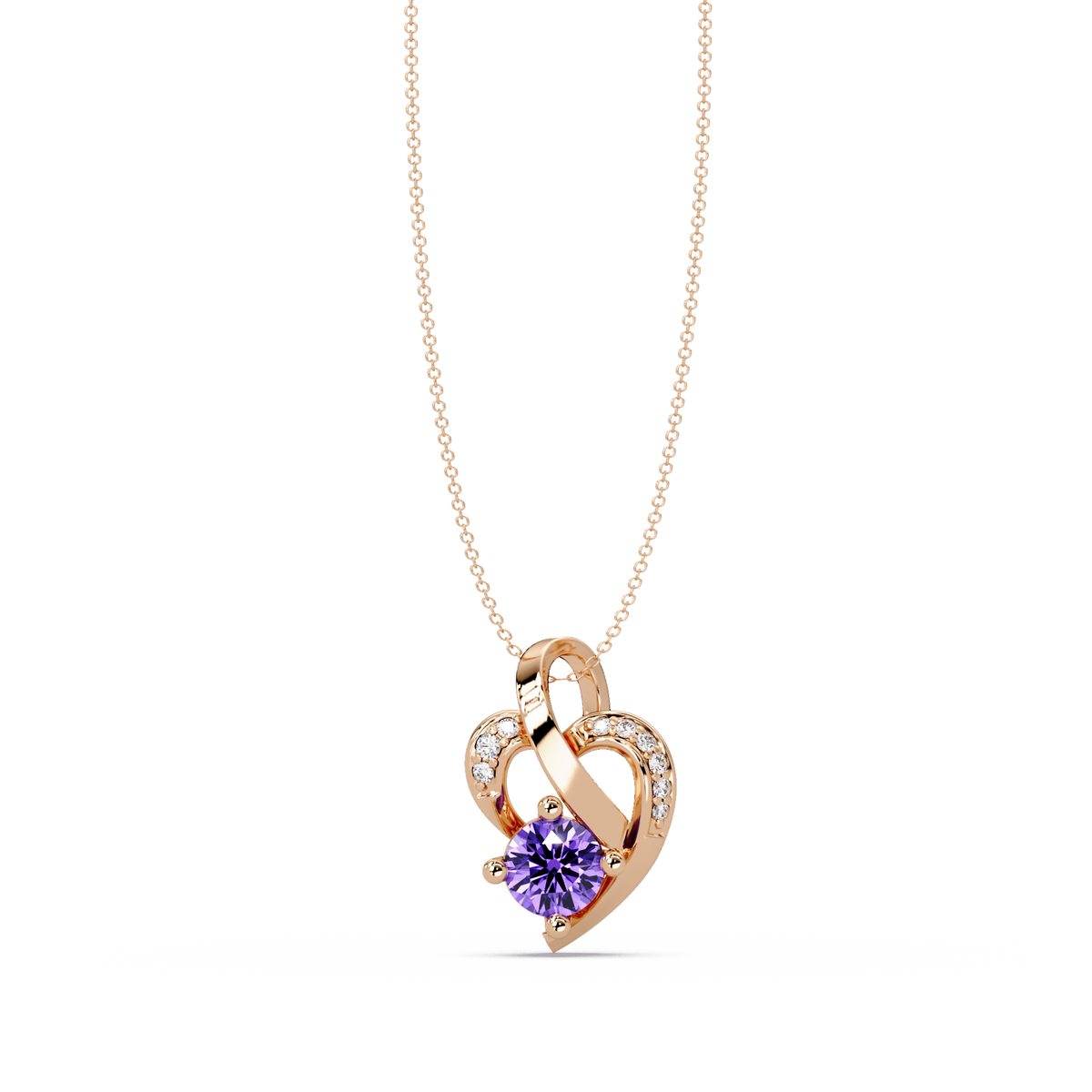 0.5 CTW Round Heart Swirl Colorstone Pendant Necklace — Amethyst Lavender — 14K Rose Gold