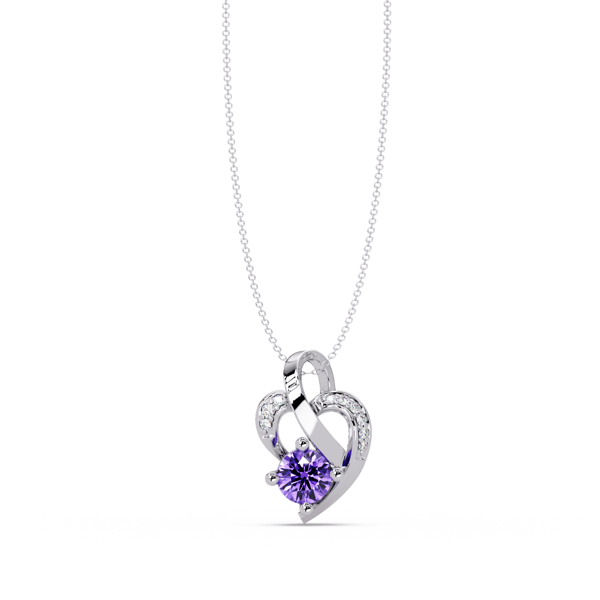 0.5 CTW Round Heart Swirl Colorstone Pendant Necklace — Amethyst Lavender — 14K White Gold