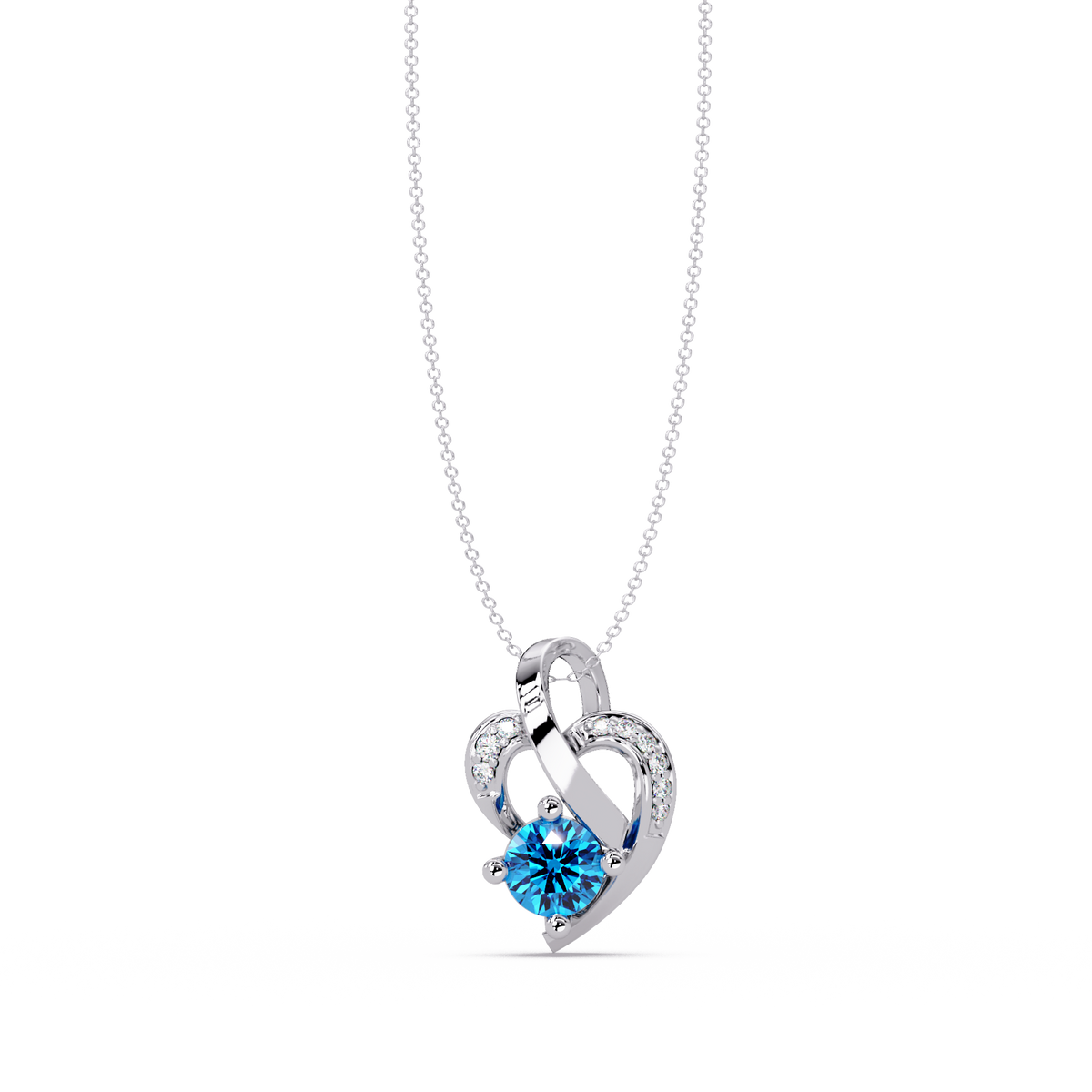 0.5 CTW Round Heart Swirl Colorstone Pendant Necklace — Aquamarine Sky Blue — 14K White Gold