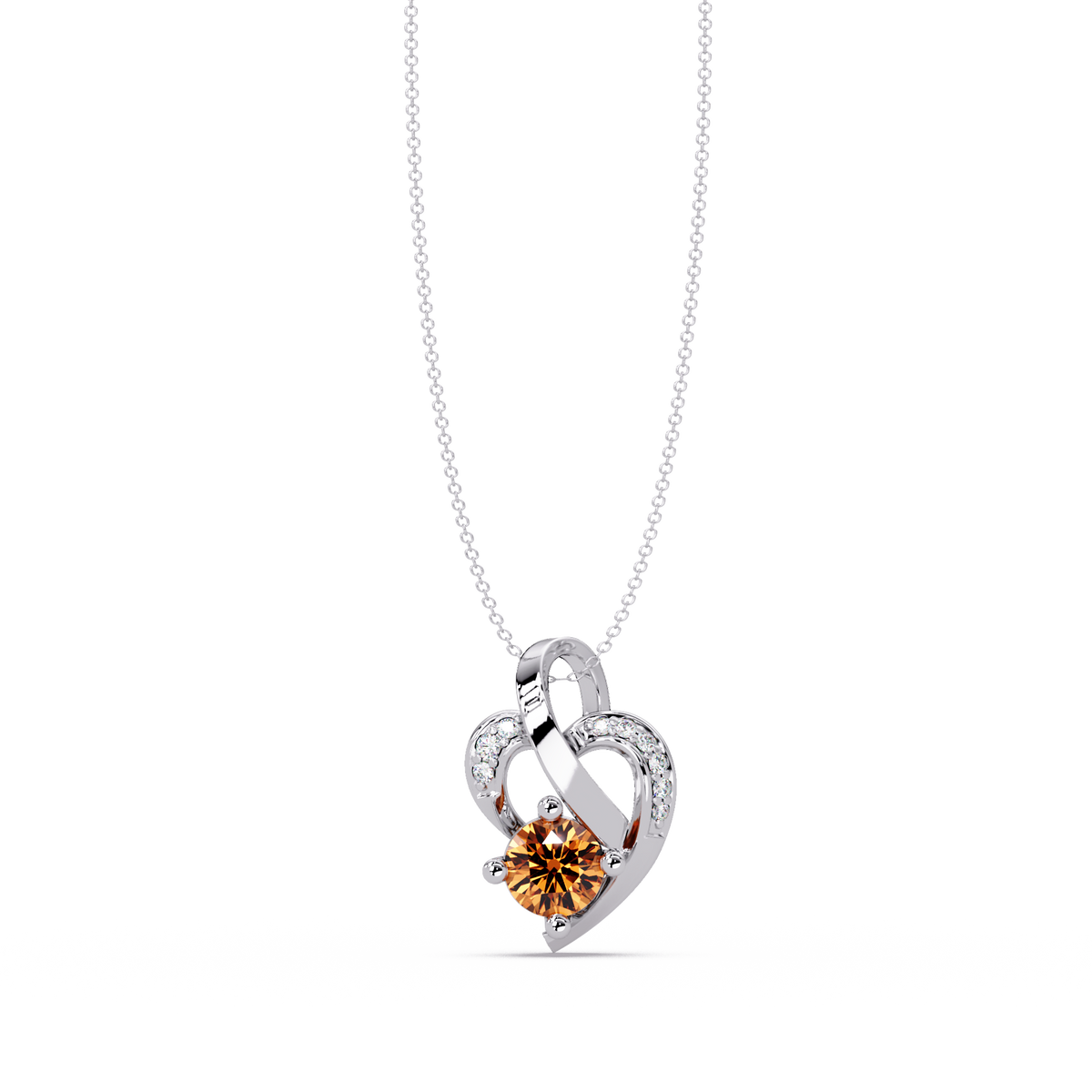 0.5 CTW Round Heart Swirl Colorstone Pendant Necklace — Champagne Topaz Amber — 14K White Gold