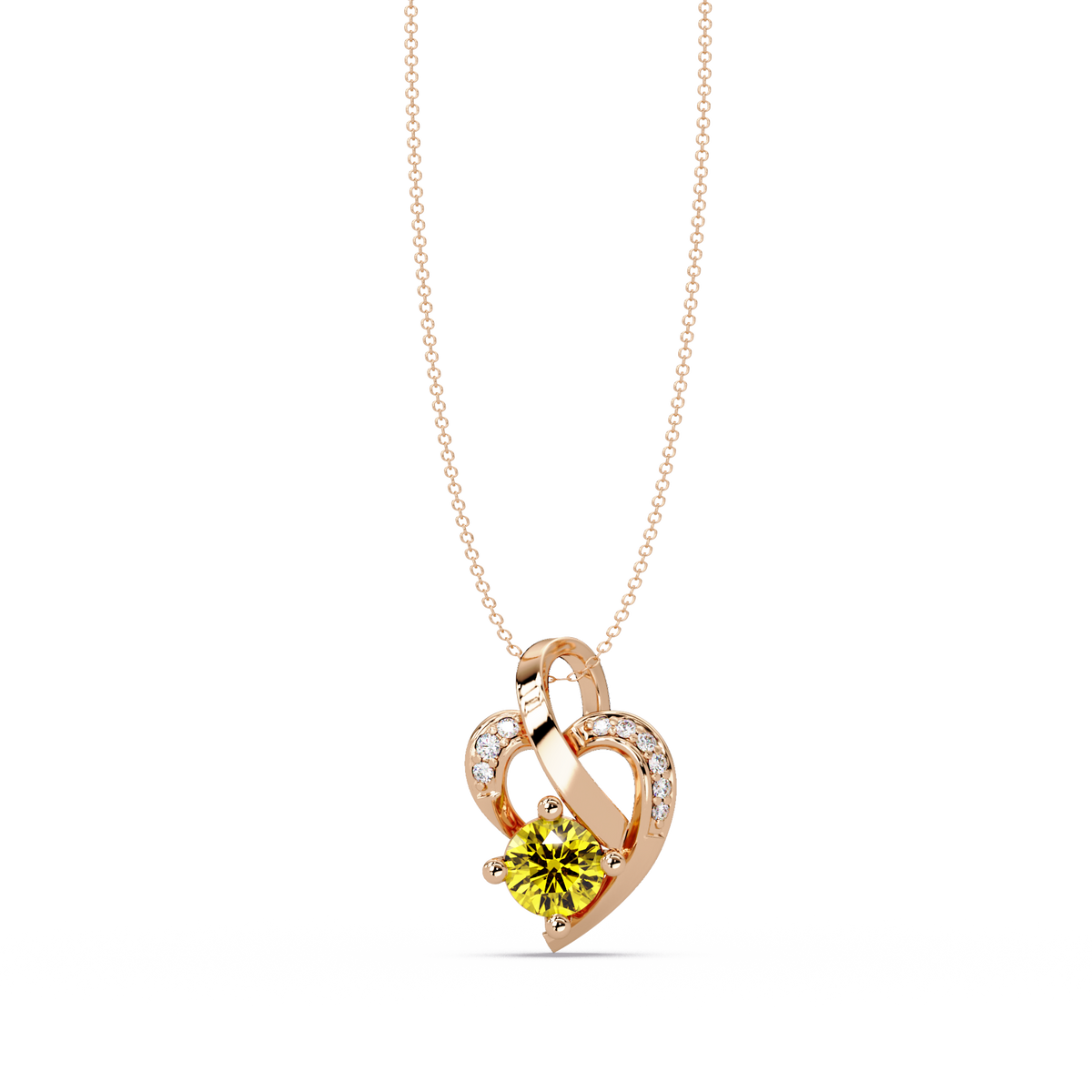 0.5 CTW Round Heart Swirl Colorstone Pendant Necklace — Citrine Lemon Yellow — 14K Rose Gold