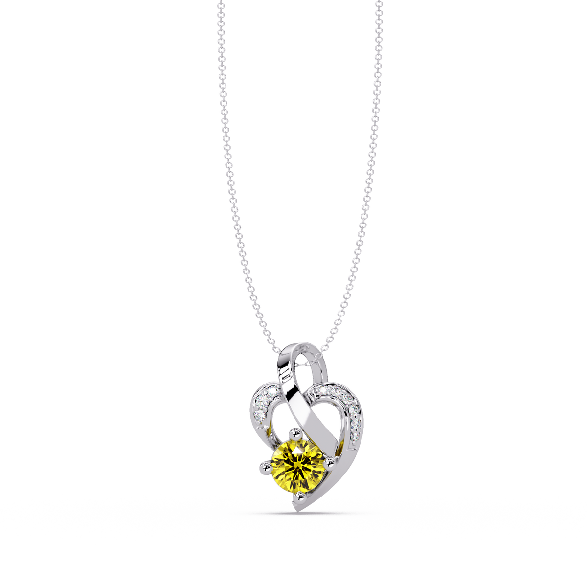 0.5 CTW Round Heart Swirl Colorstone Pendant Necklace — Citrine Lemon Yellow — 14K White Gold