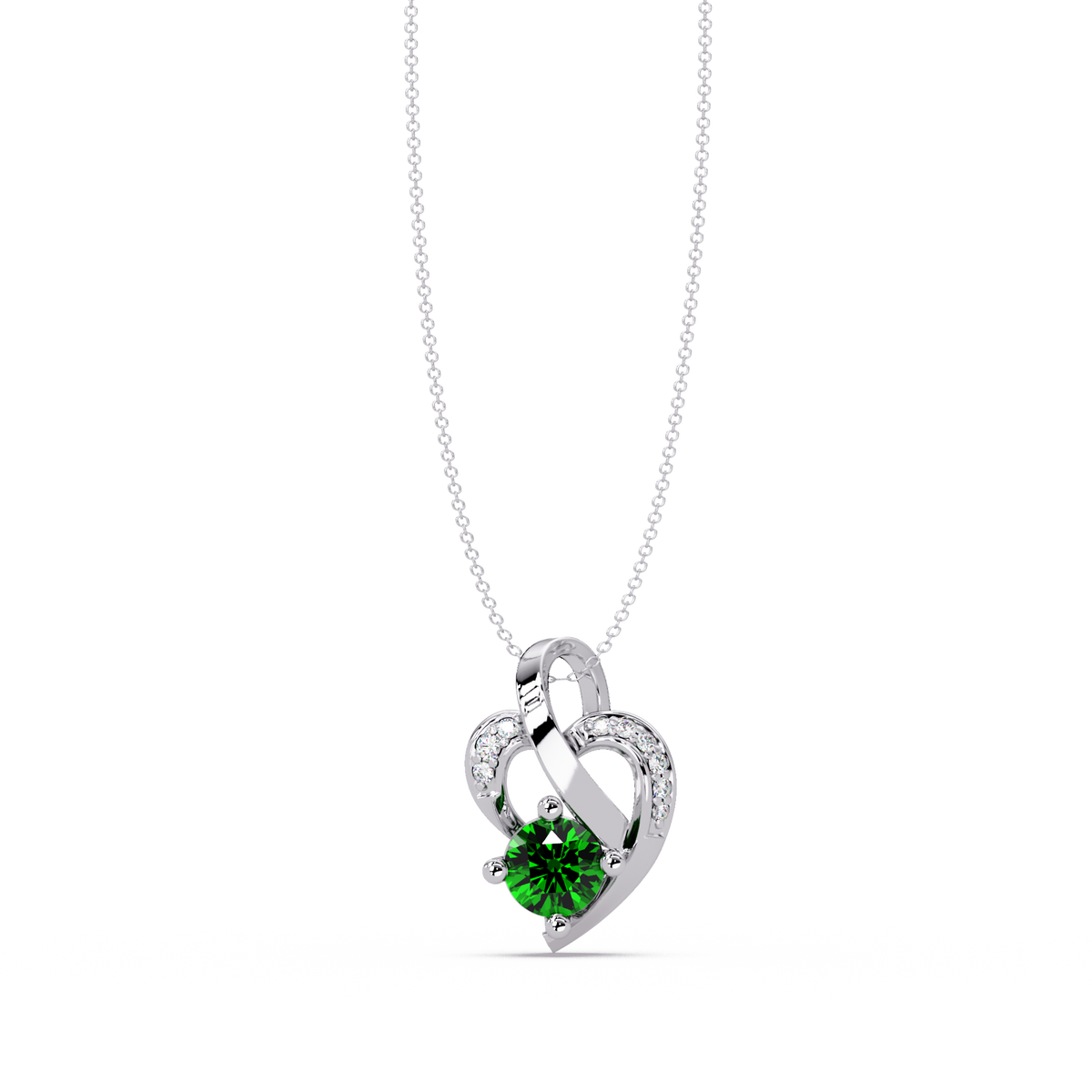 0.5 CTW Round Heart Swirl Colorstone Pendant Necklace — Emerald Deep Green — 14K White Gold