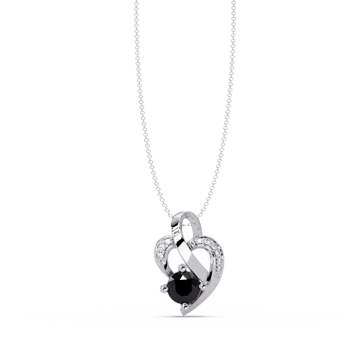 0.5 CTW Round Heart Swirl Colorstone Pendant Necklace — Onyx Black — 14K White Gold