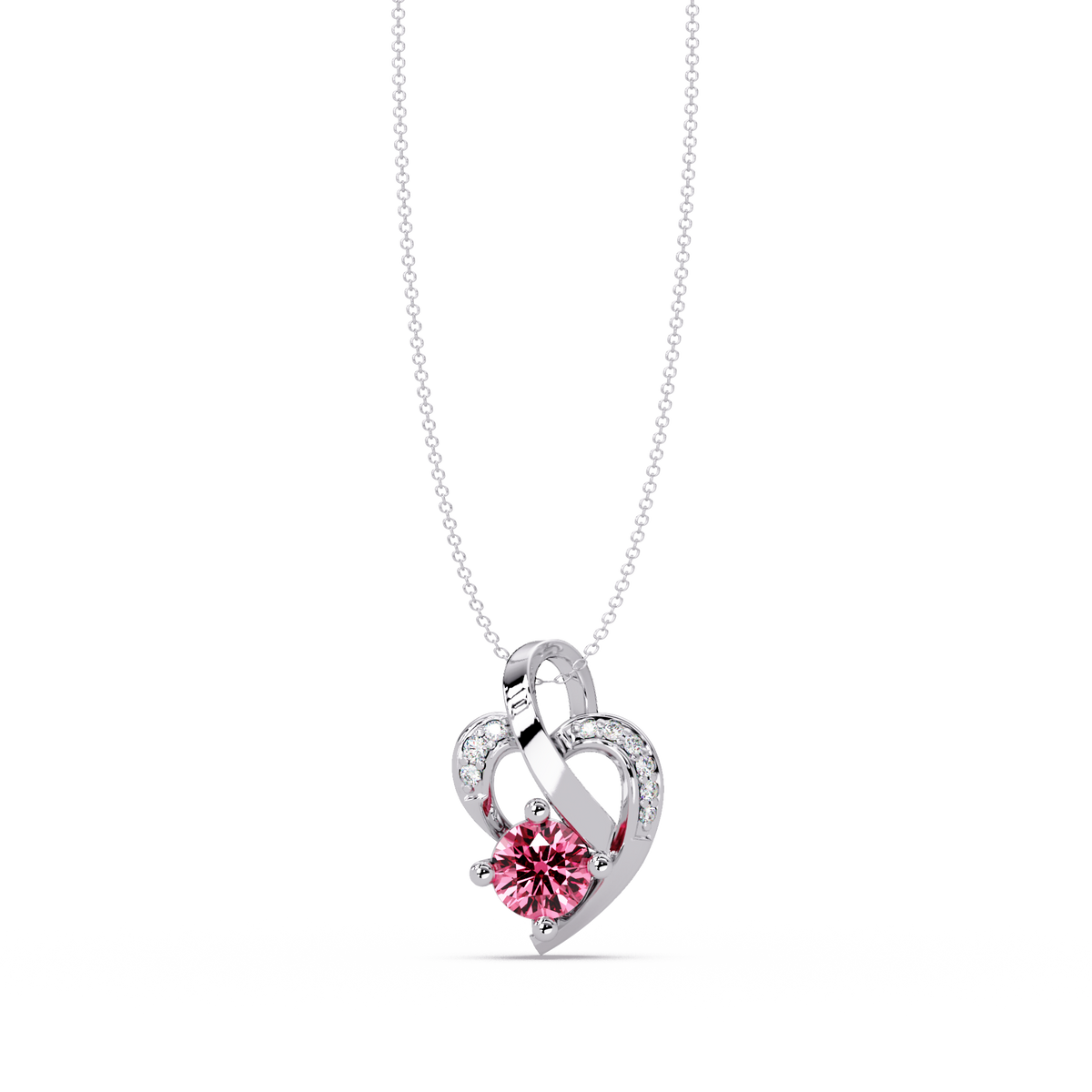 0.5 CTW Round Heart Swirl Colorstone Pendant Necklace — Tourmaline Rose Pink — 14K White Gold