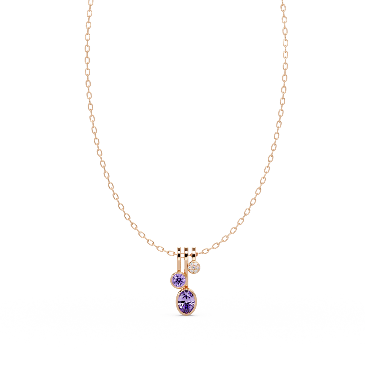 1.1 CTW Oval & Round Linear Drop Colorstone Pendant Necklace — Amethyst Lavender — 14K Rose Gold