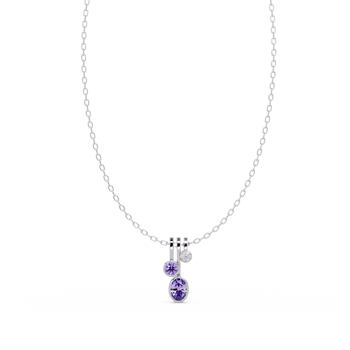 1.1 CTW Oval & Round Linear Drop Colorstone Pendant Necklace — Amethyst Lavender — 14K White Gold