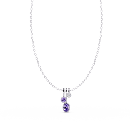1.1 CTW Oval & Round Linear Drop Colorstone Pendant Necklace — Amethyst Lavender — 14K White Gold