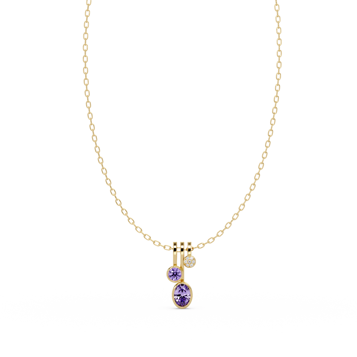 1.1 CTW Oval & Round Linear Drop Colorstone Pendant Necklace — Amethyst Lavender — 14K Yellow Gold