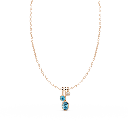 1.1 CTW Oval & Round Linear Drop Colorstone Pendant Necklace — Aquamarine Sky Blue — 14K Rose Gold