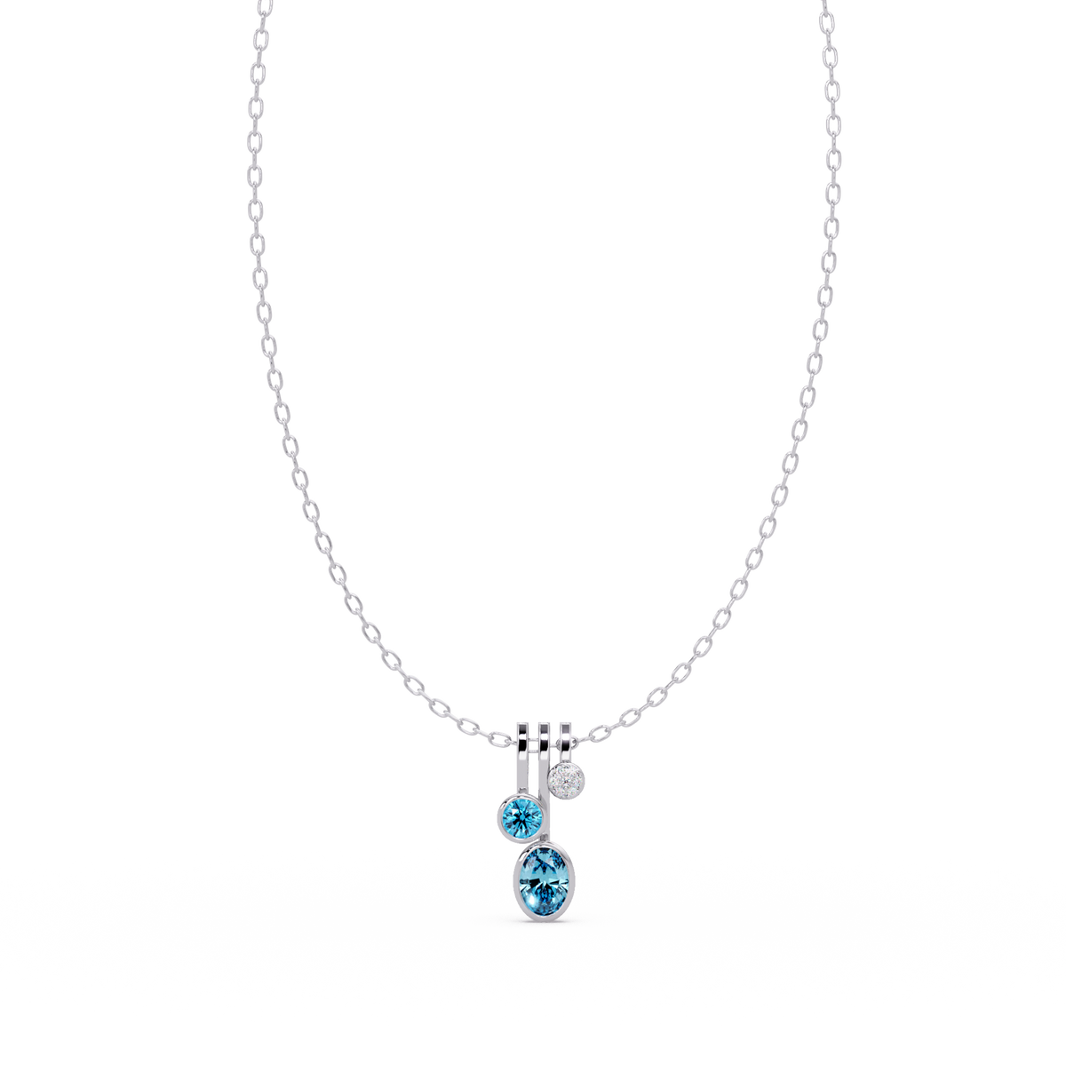 1.1 CTW Oval & Round Linear Drop Colorstone Pendant Necklace — Aquamarine Sky Blue — 14K White Gold