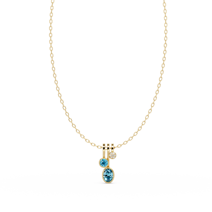 1.1 CTW Oval & Round Linear Drop Colorstone Pendant Necklace — Aquamarine Sky Blue — 14K Yellow Gold