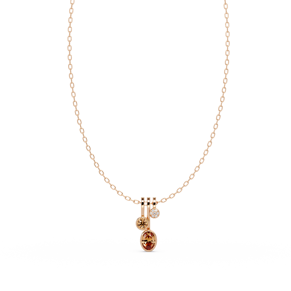 1.1 CTW Oval & Round Linear Drop Colorstone Pendant Necklace — Champagne Topaz Amber — 14K Rose Gold