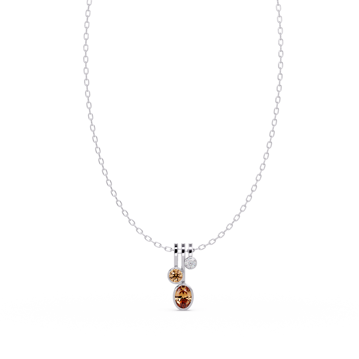1.1 CTW Oval & Round Linear Drop Colorstone Pendant Necklace — Champagne Topaz Amber — 14K White Gold