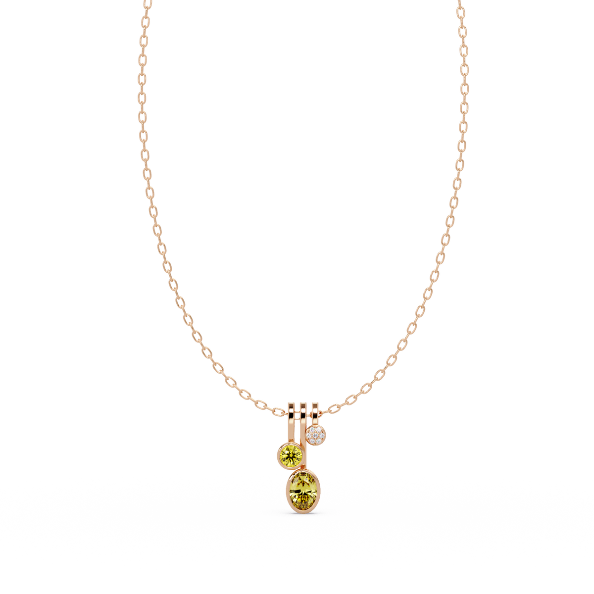 1.1 CTW Oval & Round Linear Drop Colorstone Pendant Necklace — Citrine Lemon Yellow — 14K Rose Gold