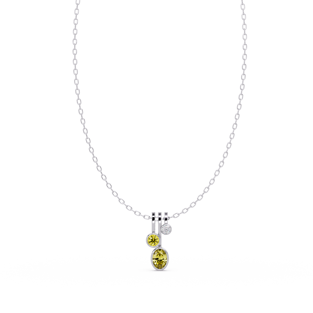 1.1 CTW Oval & Round Linear Drop Colorstone Pendant Necklace — Citrine Lemon Yellow — 14K White Gold