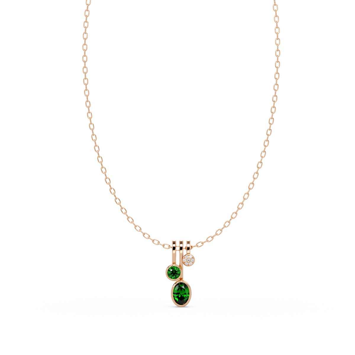 1.1 CTW Oval & Round Linear Drop Colorstone Pendant Necklace — Emerald Deep Green — 14K Rose Gold