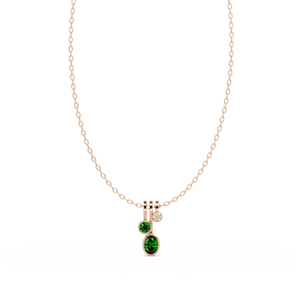 1.1 CTW Oval & Round Linear Drop Colorstone Pendant Necklace — Emerald Deep Green — 14K Rose Gold