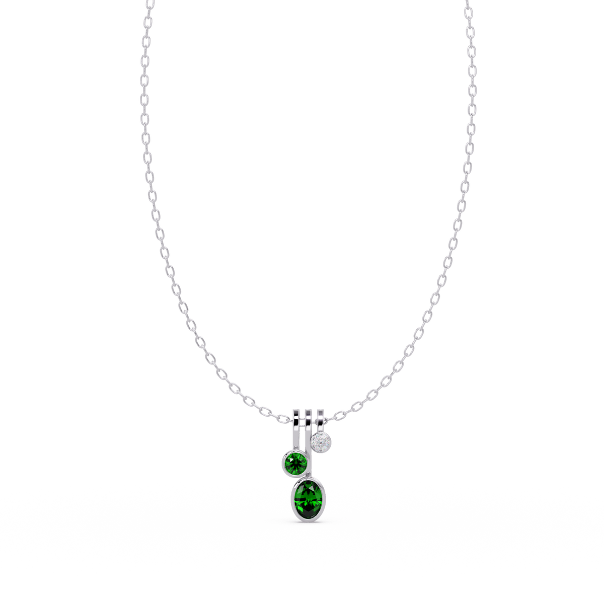 1.1 CTW Oval & Round Linear Drop Colorstone Pendant Necklace — Emerald Deep Green — 14K White Gold