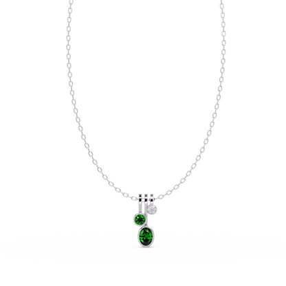 1.1 CTW Oval & Round Linear Drop Colorstone Pendant Necklace — Emerald Deep Green — 14K White Gold
