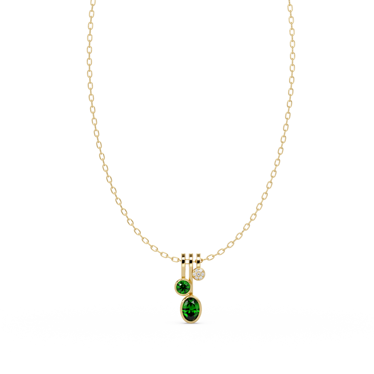 1.1 CTW Oval & Round Linear Drop Colorstone Pendant Necklace — Emerald Deep Green — 14K Yellow Gold