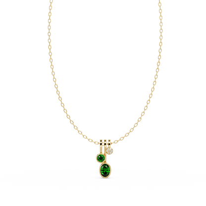 1.1 CTW Oval & Round Linear Drop Colorstone Pendant Necklace — Emerald Deep Green — 14K Yellow Gold